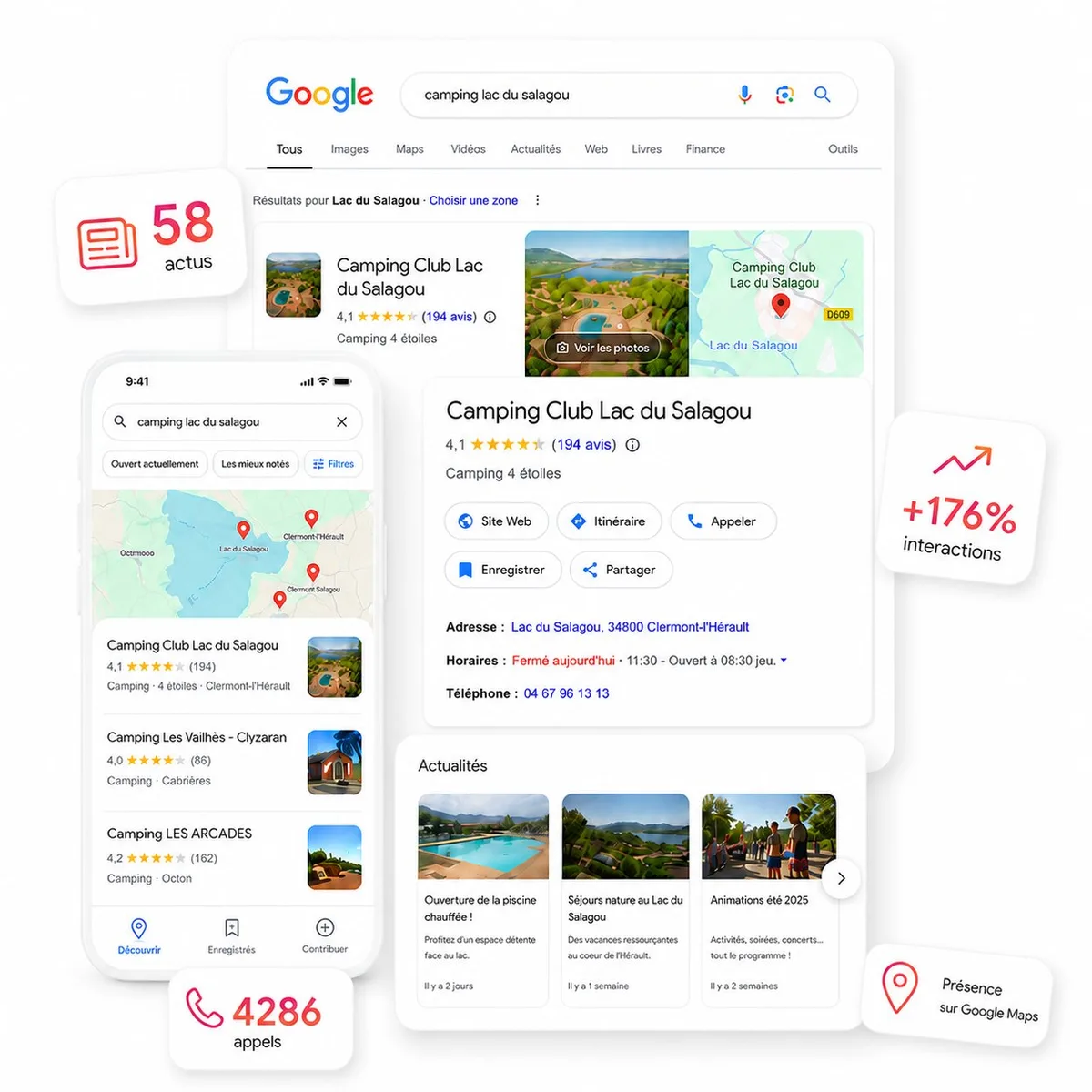 Fiche d'établissement Google animée sur mobile et ordinateur