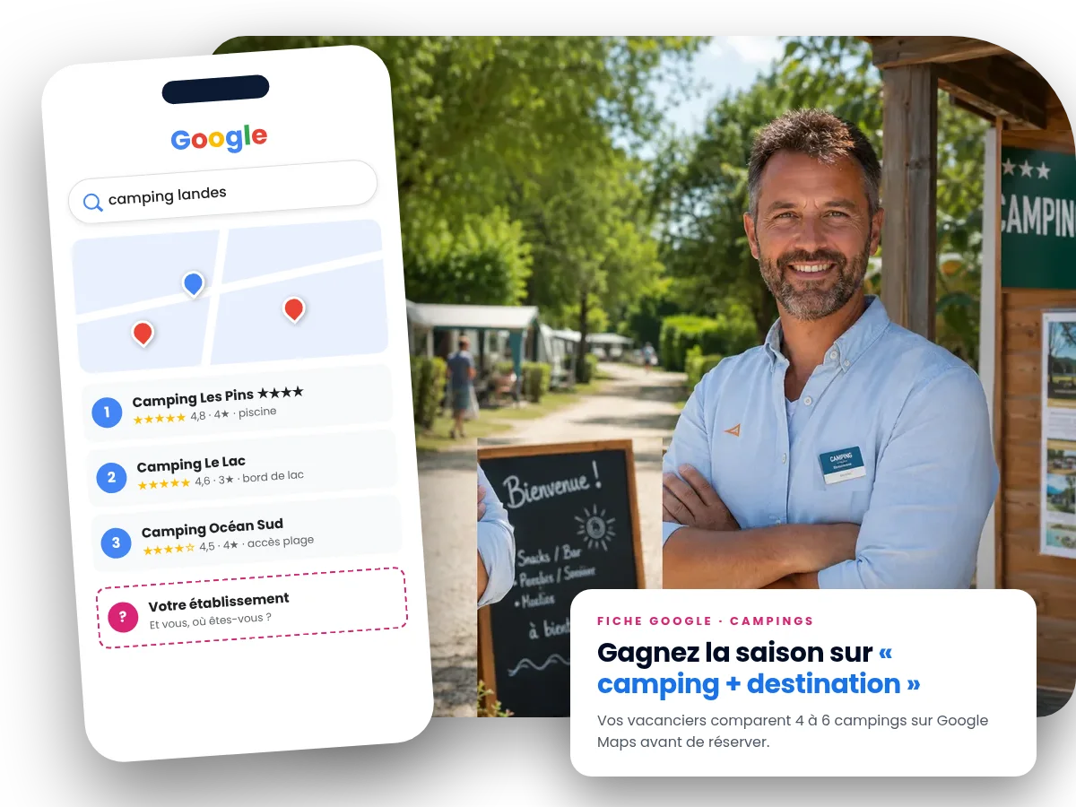 Fiche d'établissement Google d'un camping optimisée, affichée sur smartphone