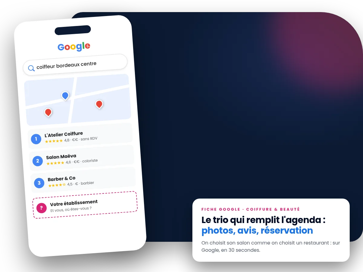 Fiche d'établissement Google d'un salon de coiffure optimisée sur smartphone
