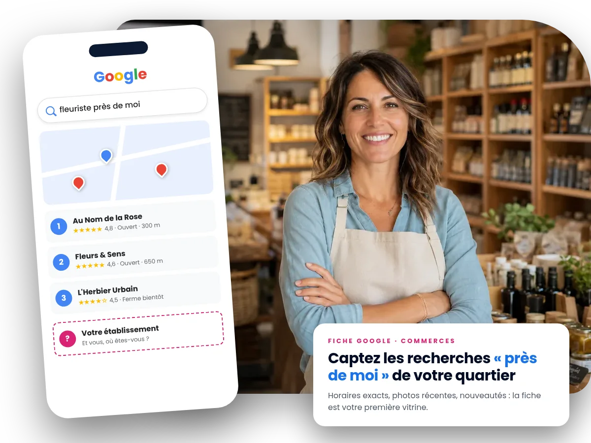 Fiche d'établissement Google d'un commerce de proximité affichée sur smartphone