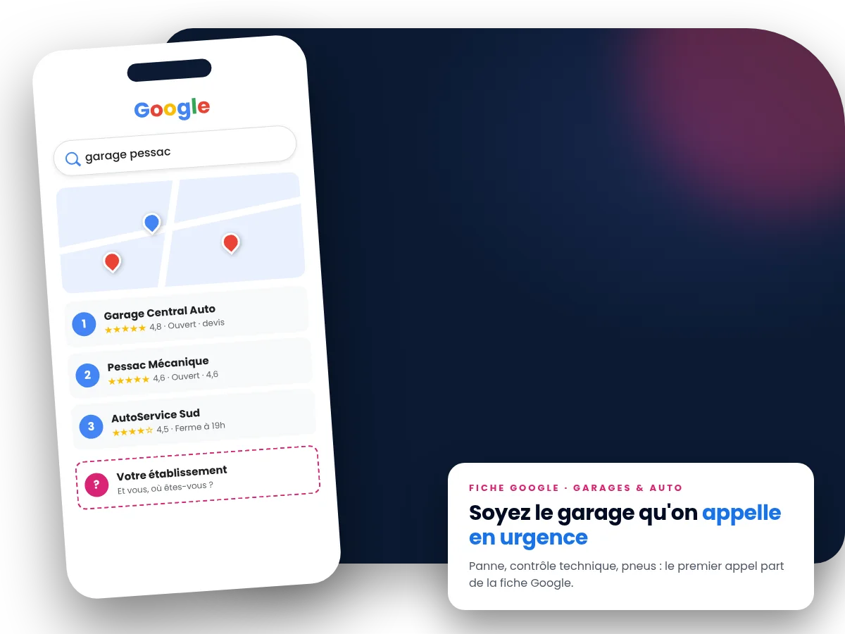 Fiche d'établissement Google d'un garage automobile affichée sur smartphone