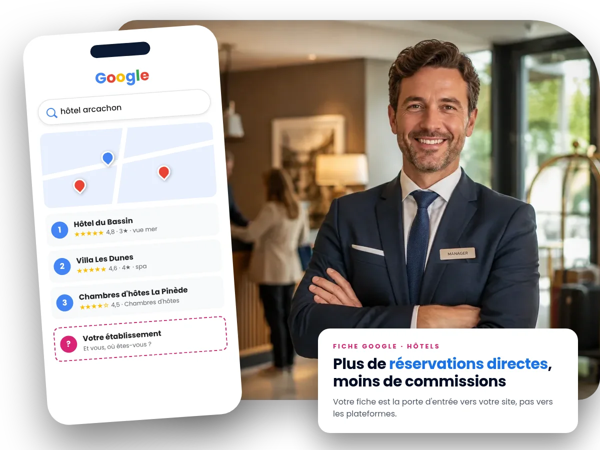 Fiche d'établissement Google d'un hôtel optimisée, affichée sur smartphone