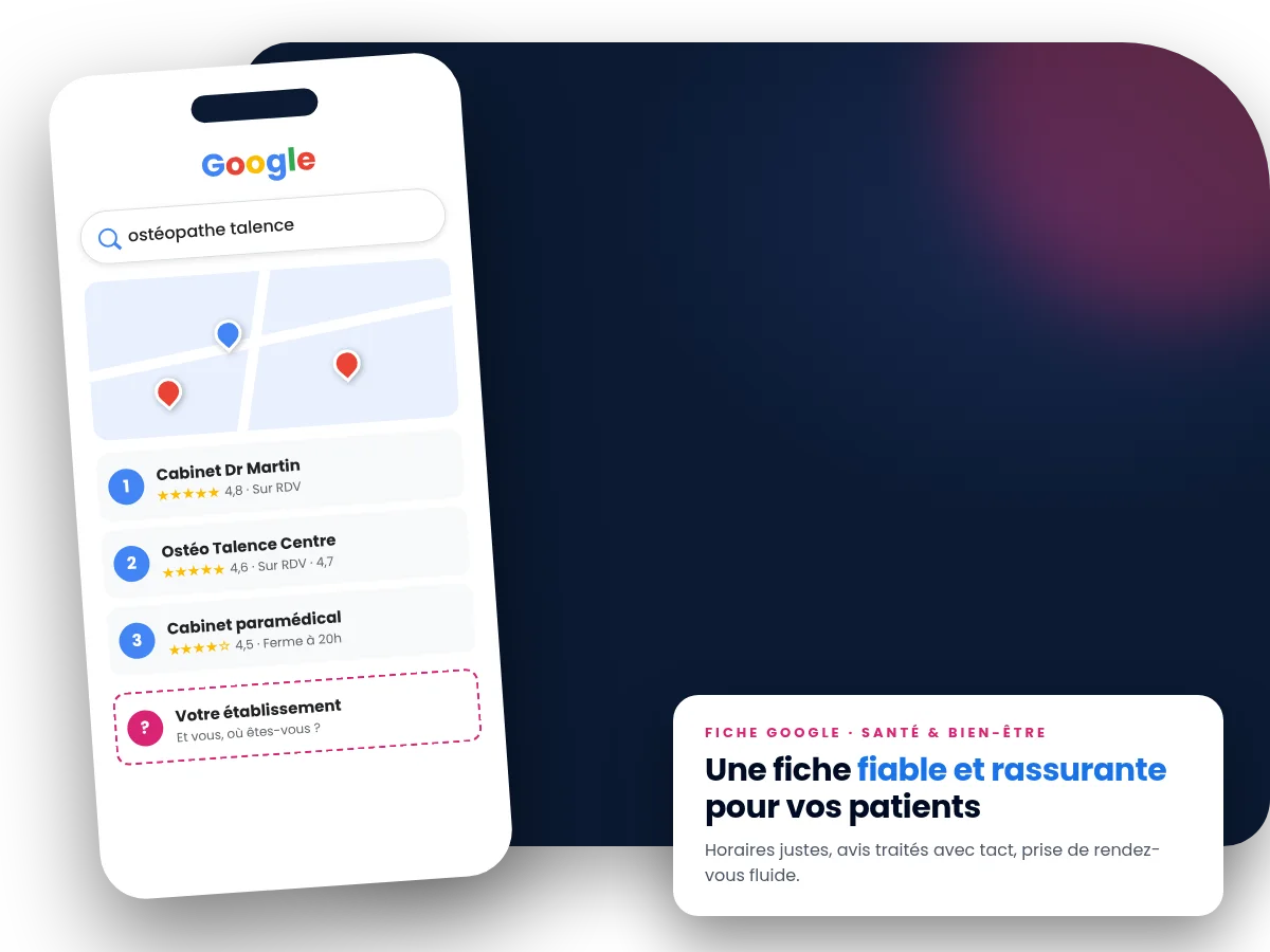 Fiche d'établissement Google d'un cabinet de santé consultée sur smartphone